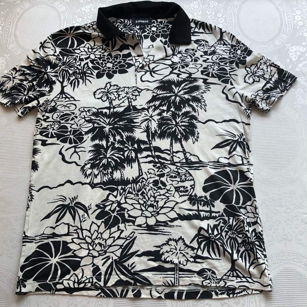 Express Black/White Floral Polo Casual Shirt Men’s Size S Slim-Fit Collared Top